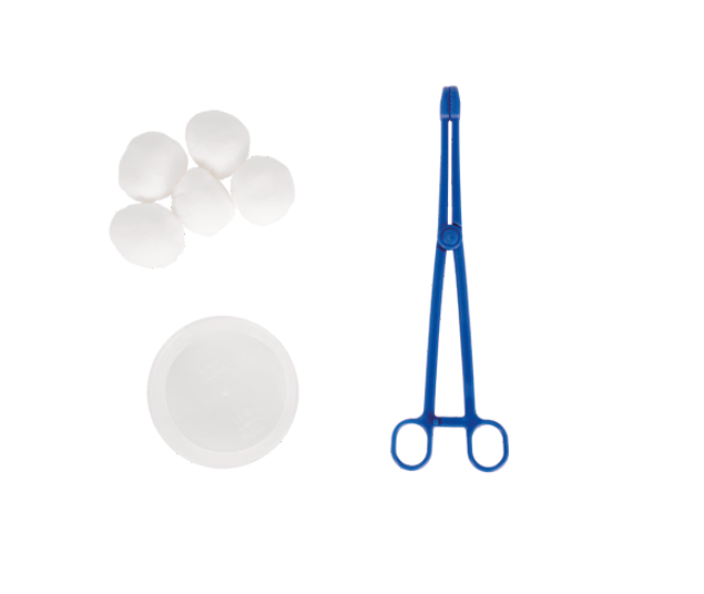 SET DISINFEZIONE CON 1 PINZA PORTA TAMPONI, 5 TAMPONI TNT GRANDI, 1 CIOTOLA