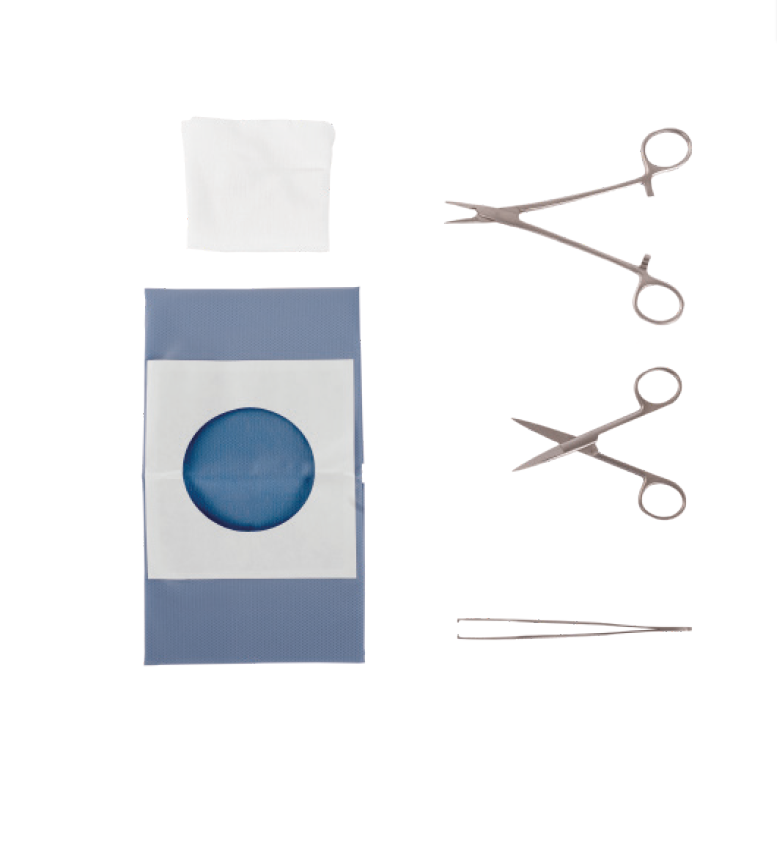 SET SUTURE: 1 TELO FORATO 45X45cm, 1 PORTAGHI, 1 FORBICE A PUNTE SOTTILI, 1 PINZA CHIRURGICA ADSON, 5 GARZE 7,5X7,5cm TNT