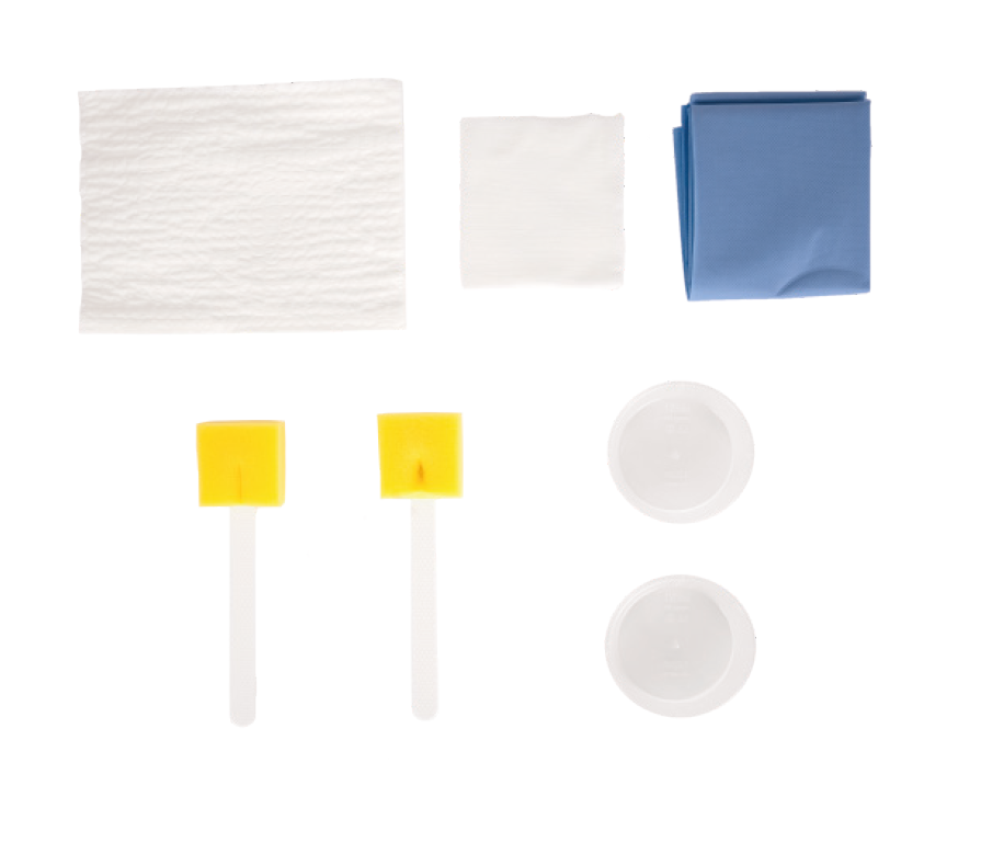 SET DISINFEZIONE 2 SPUGNETTE A BASTONCINO 20cm, 2 CIOTOLE, 2 TOVAGLIETTE ASSORBENTI, 10 GARZE 10X10cm TNT, 1 TELO 75X90cm