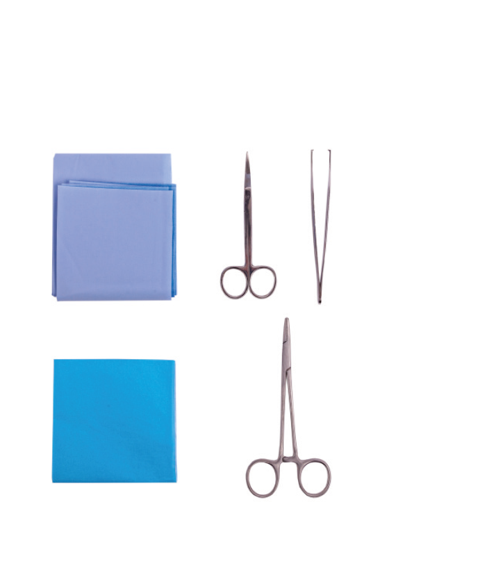SET SUTURE: 1 PORTAGHI, 1 FORBICE PUNTE SOTTILI, 1 PINZA CHIRURGICA ADSON, 5 GARZE 7,5X7,5cm TNT, 1 TELO 45X45cm CON FORO, 1 TELO 38X45cm