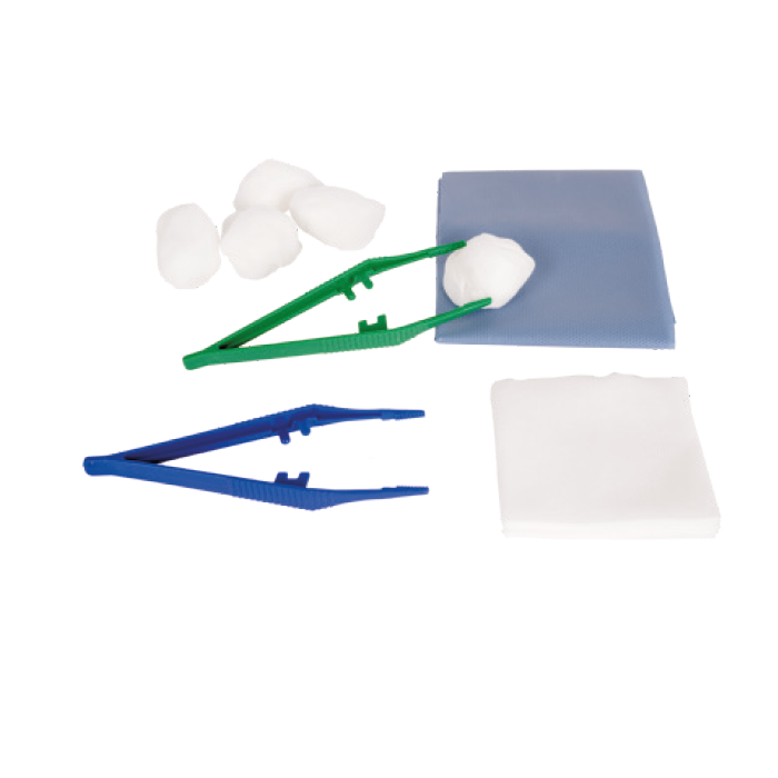 SET MEDICAZIONE CON 1 TELO 38X45cm, 2 PINZE ANATOMICHE, 5 TAMPONI DI GARZA, 5 GARZE 7,5X7,5cm TNT