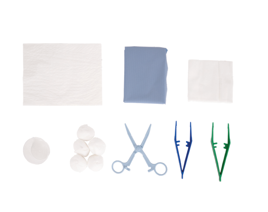 SET MEDICAZIONE CON 1 TELO 38X45cm, 2 PINZE ANATOMICHE, 1 PINZA KOCHER, 5 TAMPONI DI GARZA, 5 GARZE 10X10 TNT, 1 CIOTOLA 60ml, 1 TOVAGLIETTA ASSORBENTE